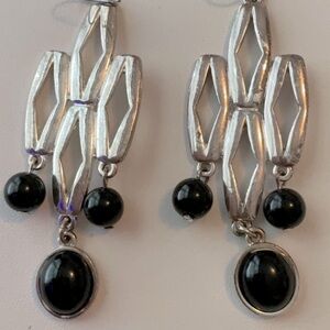 Vintage Silver Tone Black Stone Dangle Earrings